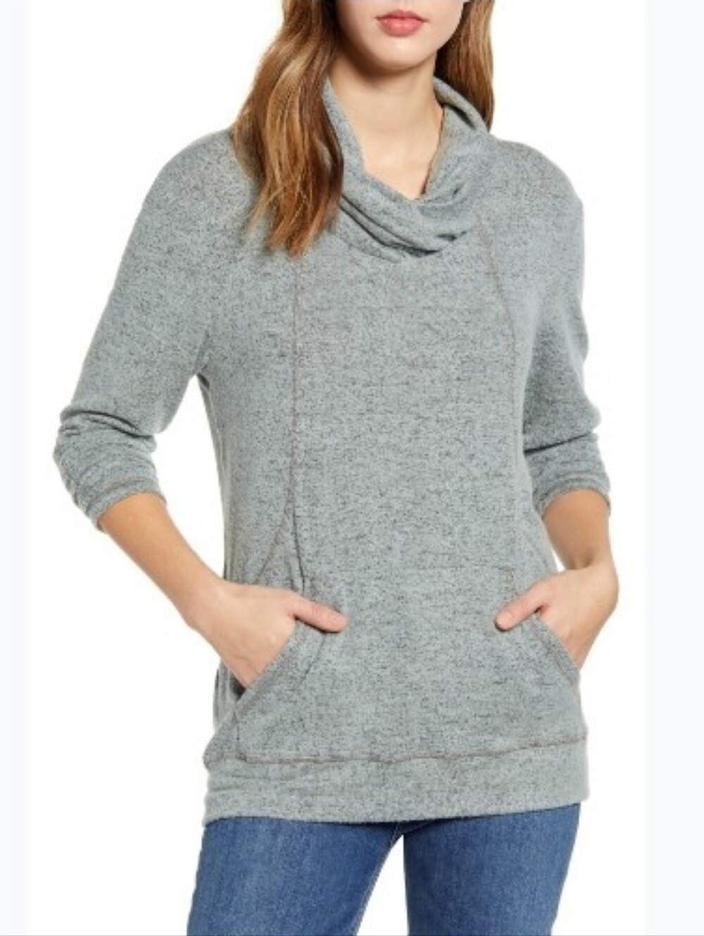 #A28 Loveappella Heather Mint Cowl-Neck Pullover with Kangaroo Pocket